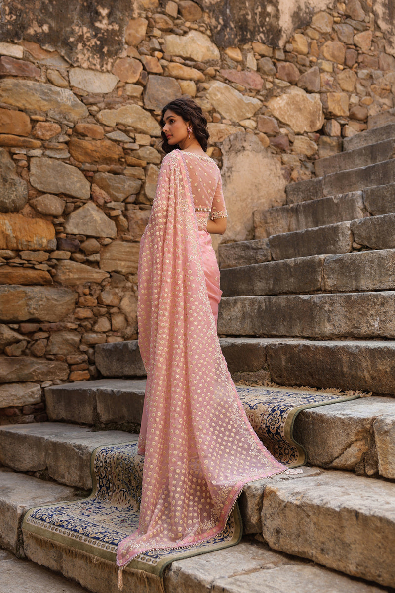 Vaayu Pink Heavy Butti Jaal Saree Set organza saree by Niti Bothra in pink for women Worldwide