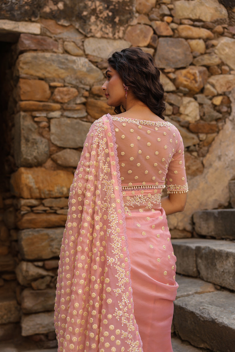 Vaayu Pink Heavy Butti Jaal Saree Set organza saree by Niti Bothra in pink for women Worldwide