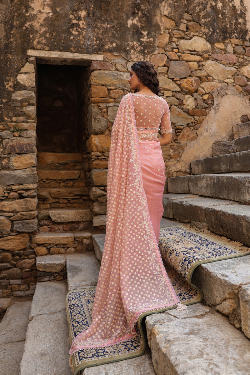 Vaayu Pink Heavy Butti Jaal Saree Set organza saree by Niti Bothra in pink for women Worldwide
