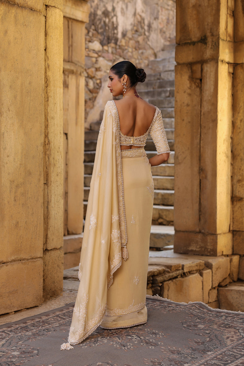 Vaayu Beige Bail Buti Saree Set silk modal saree by Niti Bothra in beige for women Worldwide