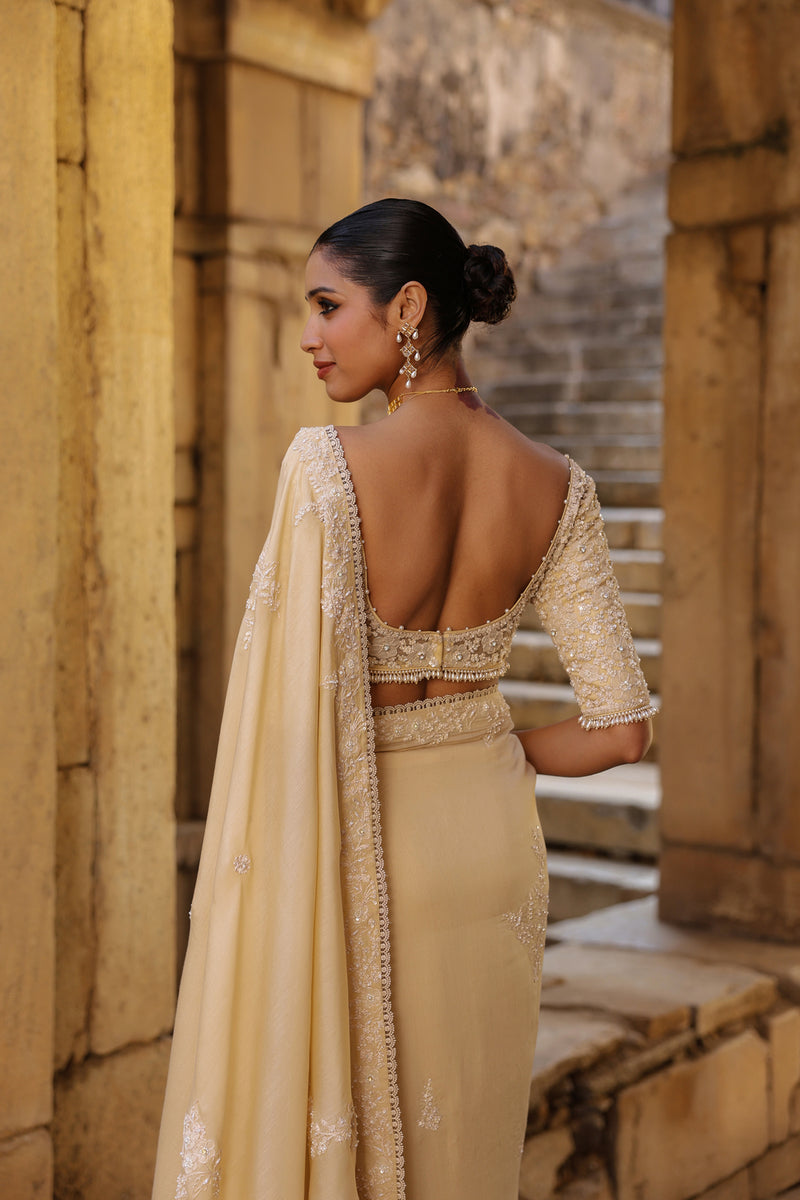 Vaayu Beige Bail Buti Saree Set silk modal saree by Niti Bothra in beige for women Worldwide