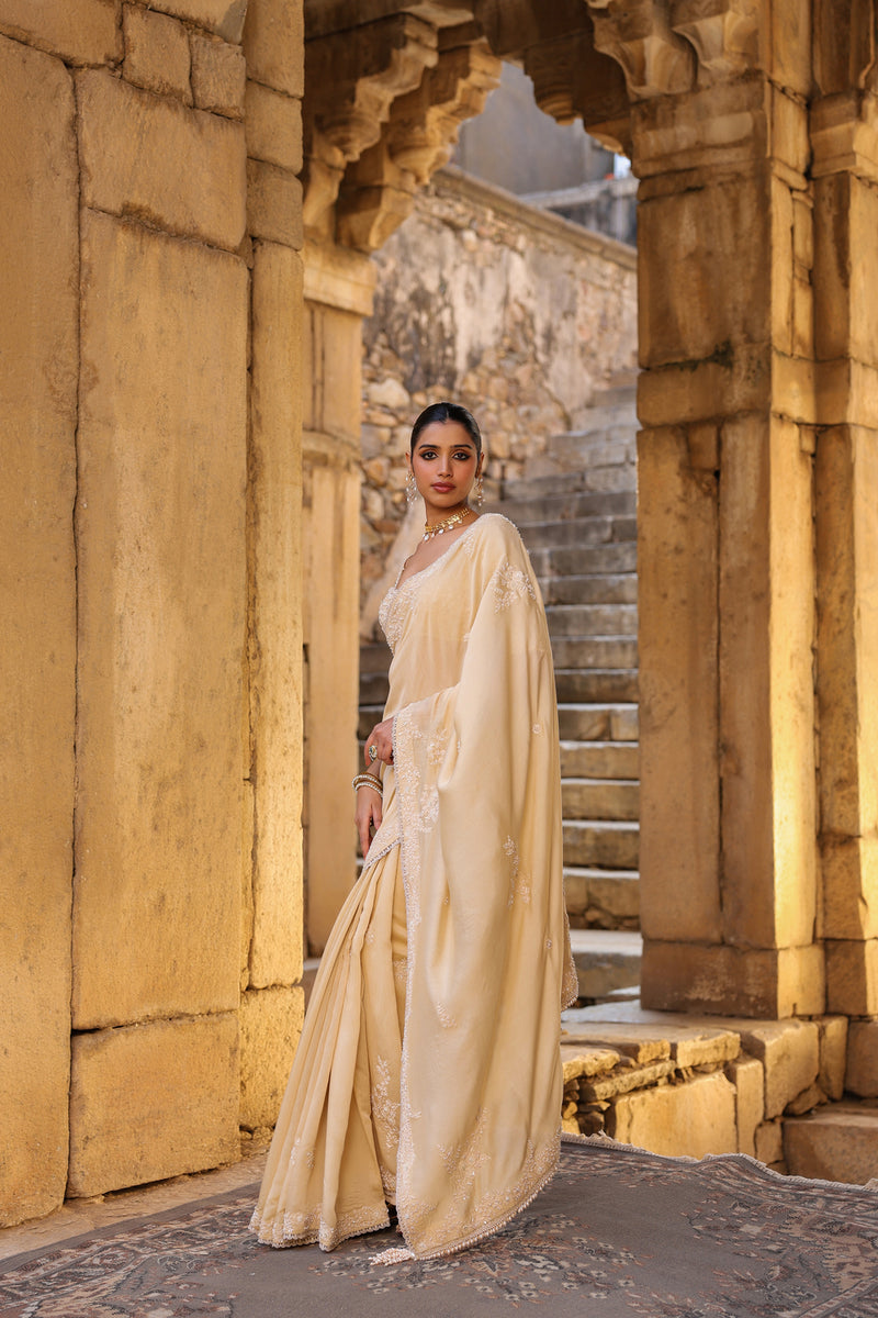 Vaayu Beige Bail Buti Saree Set silk modal saree by Niti Bothra in beige for women Worldwide