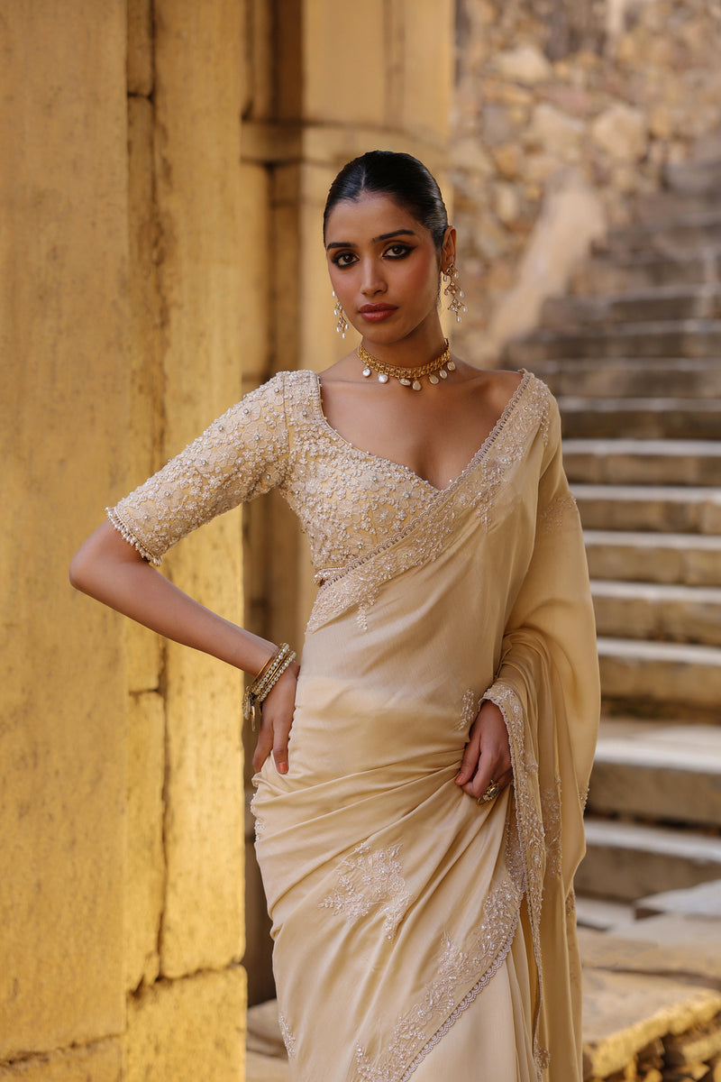 Vaayu Beige Bail Buti Saree Set silk modal saree by Niti Bothra in beige for women Worldwide