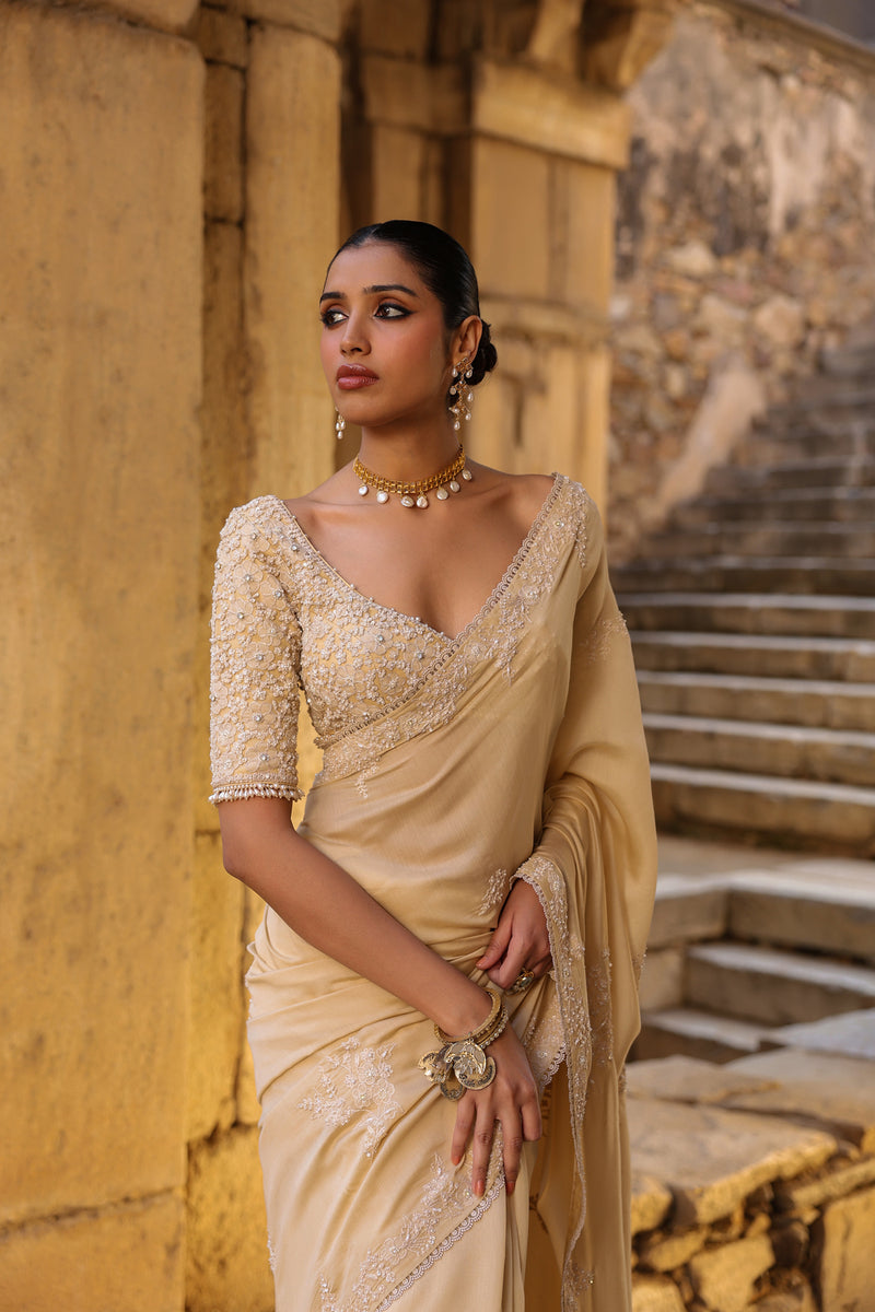 Vaayu Beige Bail Buti Saree Set silk modal saree by Niti Bothra in beige for women Worldwide