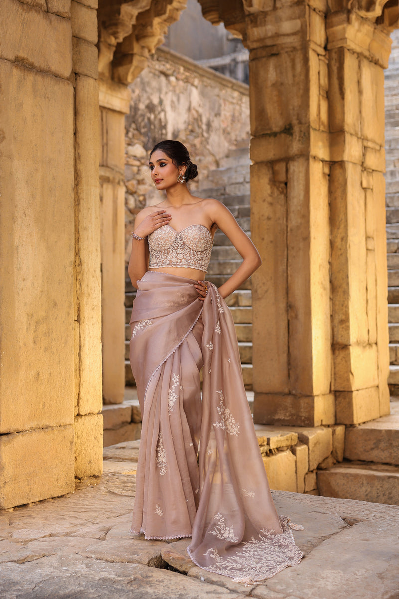 Vaayu Taupe Applique Corset Saree Set organza saree by Niti Bothra in taupe for women Worldwide