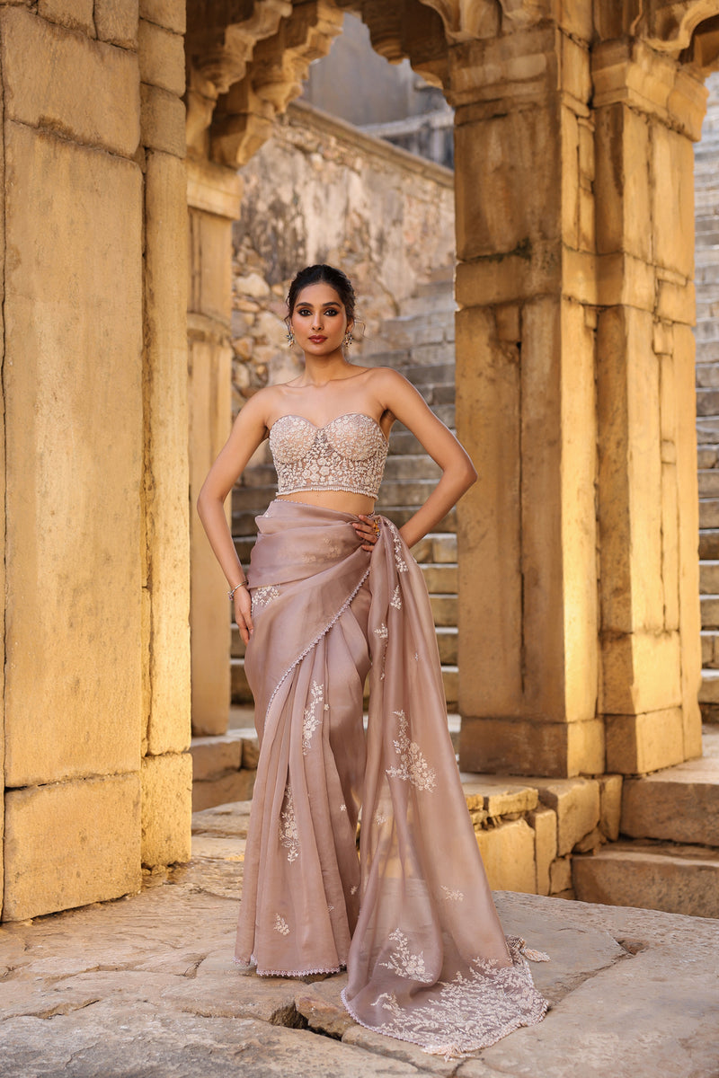 Vaayu Taupe Applique Corset Saree Set organza saree by Niti Bothra in taupe for women Worldwide