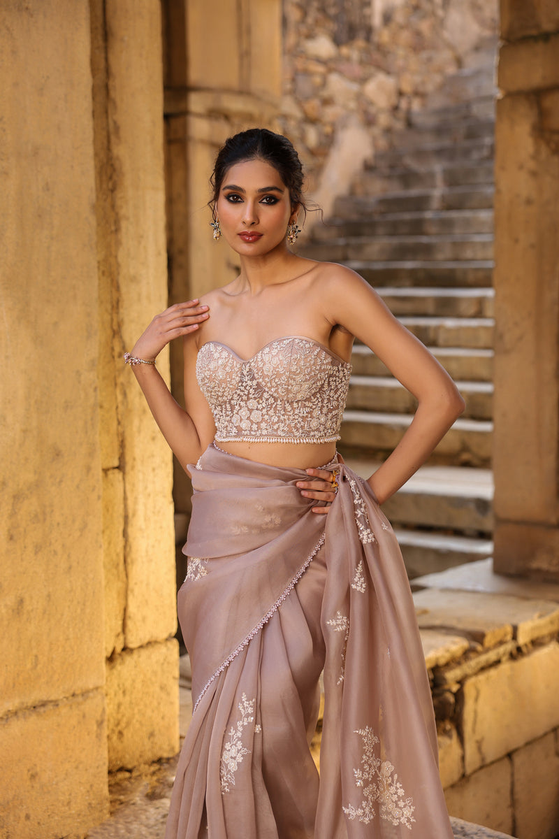 Vaayu Taupe Applique Corset Saree Set organza saree by Niti Bothra in taupe for women Worldwide