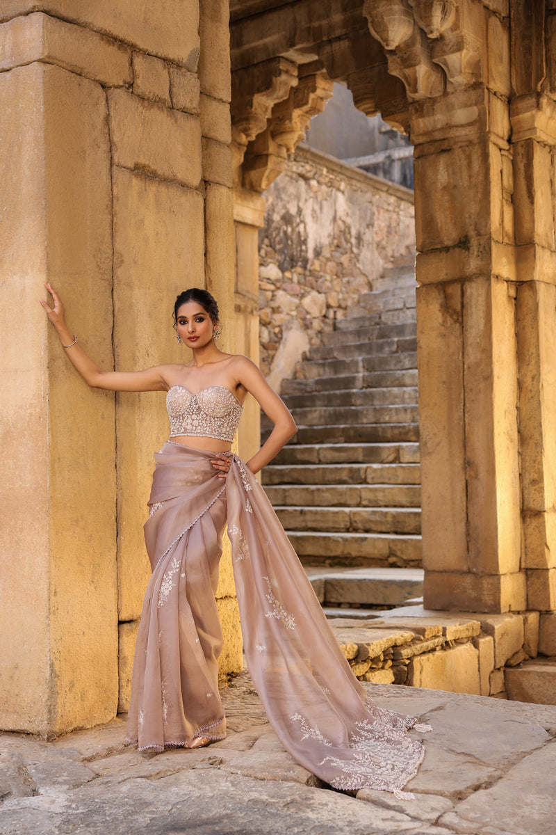 Vaayu Taupe Applique Corset Saree Set organza saree by Niti Bothra in taupe for women Worldwide