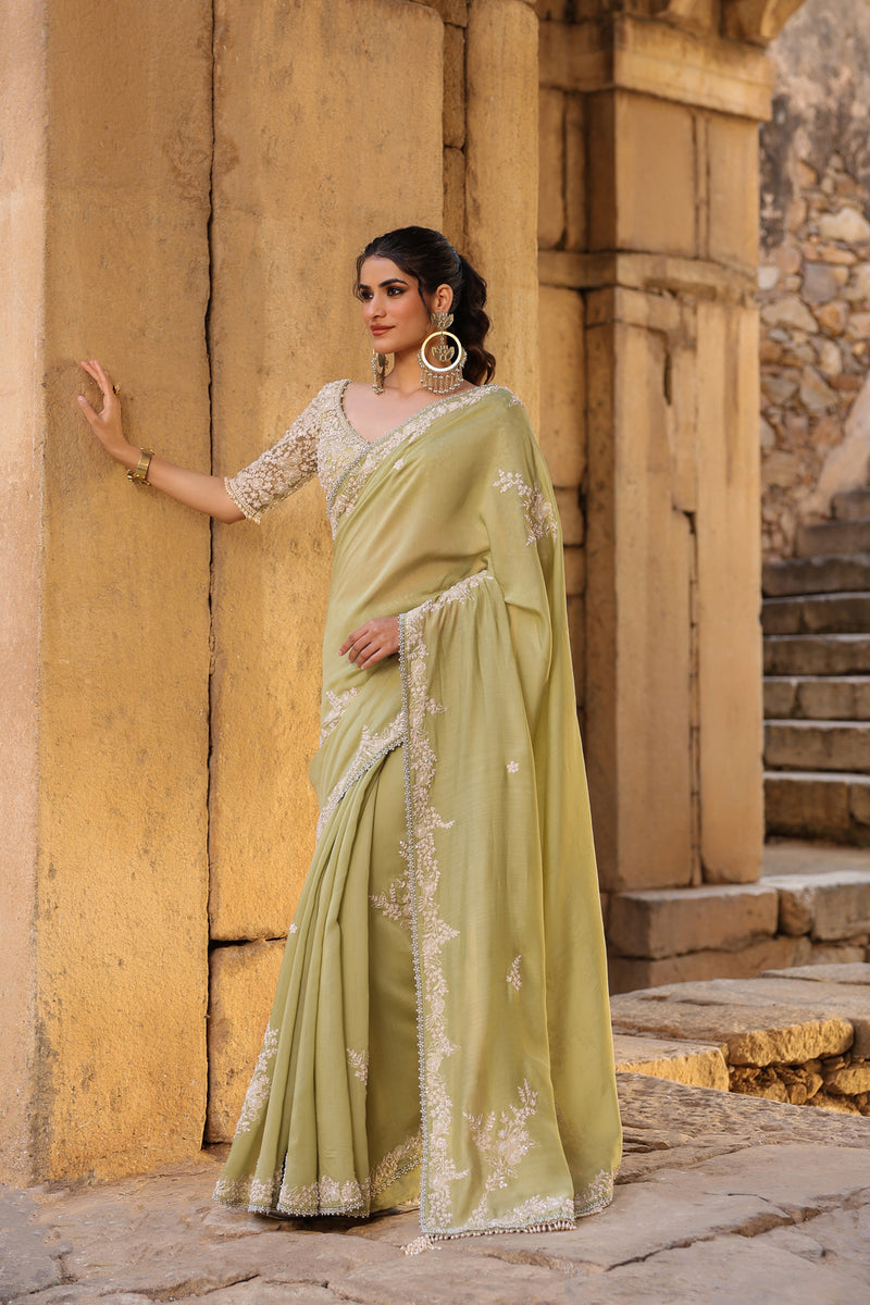 Vaayu Green Bail Buti Saree Set silk modal saree by Niti Bothra in green for women Worldwide
