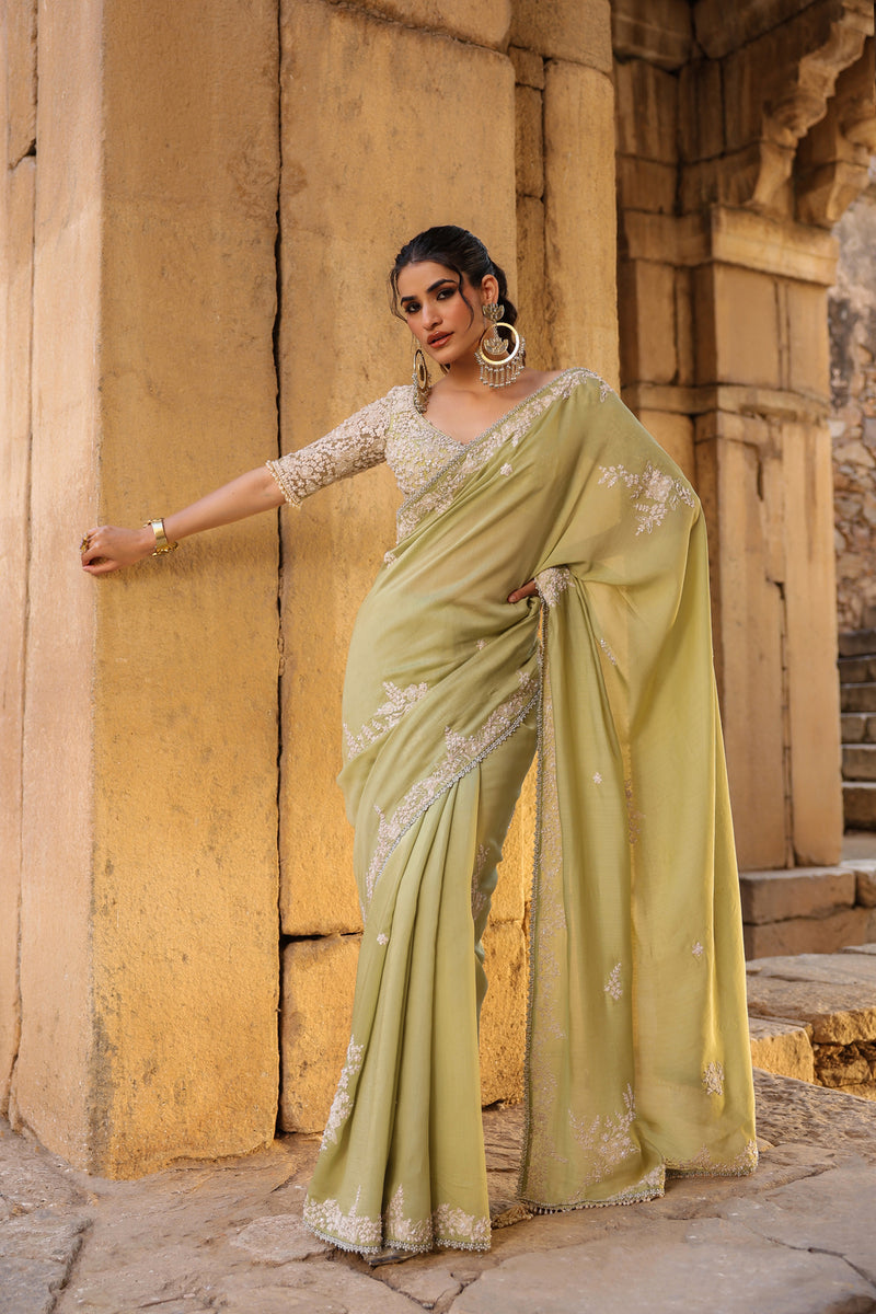 Vaayu Green Bail Buti Saree Set silk modal saree by Niti Bothra in green for women Worldwide