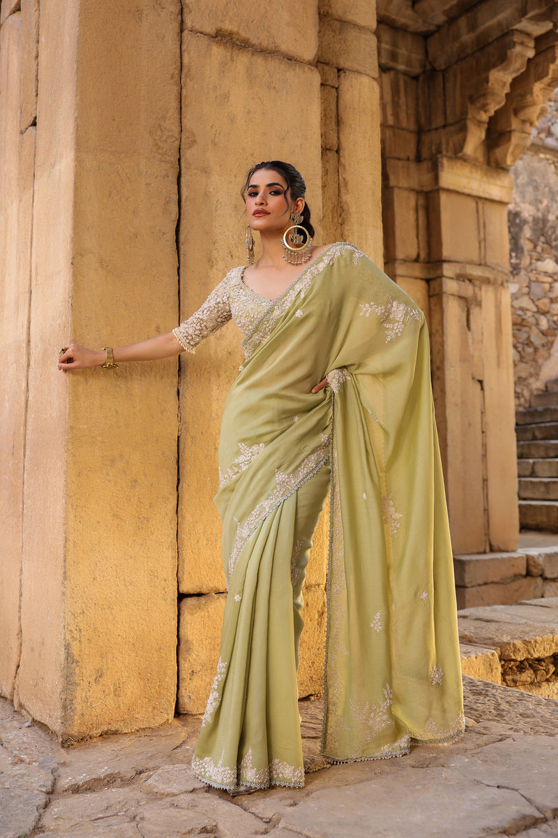 Vaayu Green Bail Buti Saree Set silk modal saree by Niti Bothra in green for women Worldwide