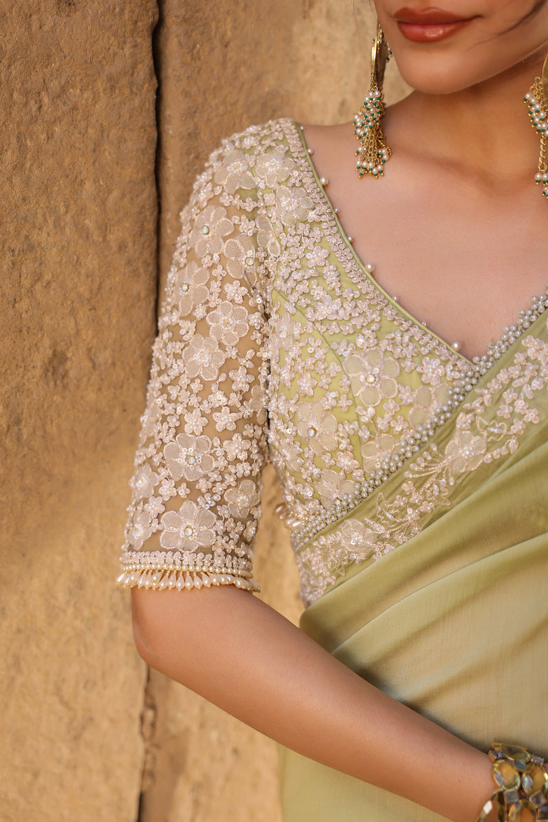 Vaayu Green Bail Buti Saree Set silk modal saree by Niti Bothra in green for women Worldwide