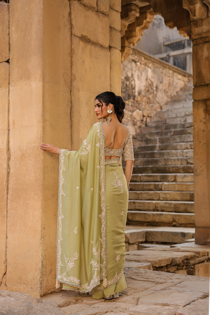 Vaayu Green Bail Buti Saree Set silk modal saree by Niti Bothra in green for women Worldwide