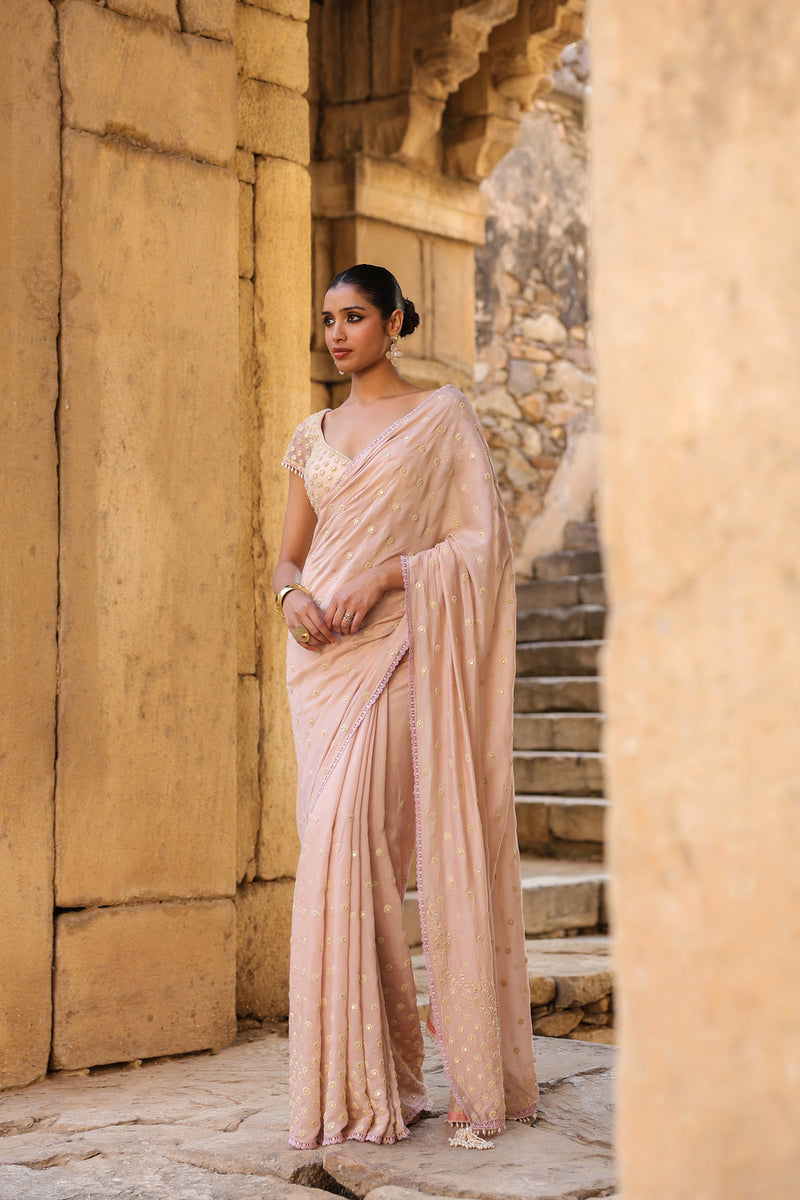 Vaayu Light Pink Heavy Buti Saree Set silk modal saree by Niti Bothra in light pink for women Worldwide
