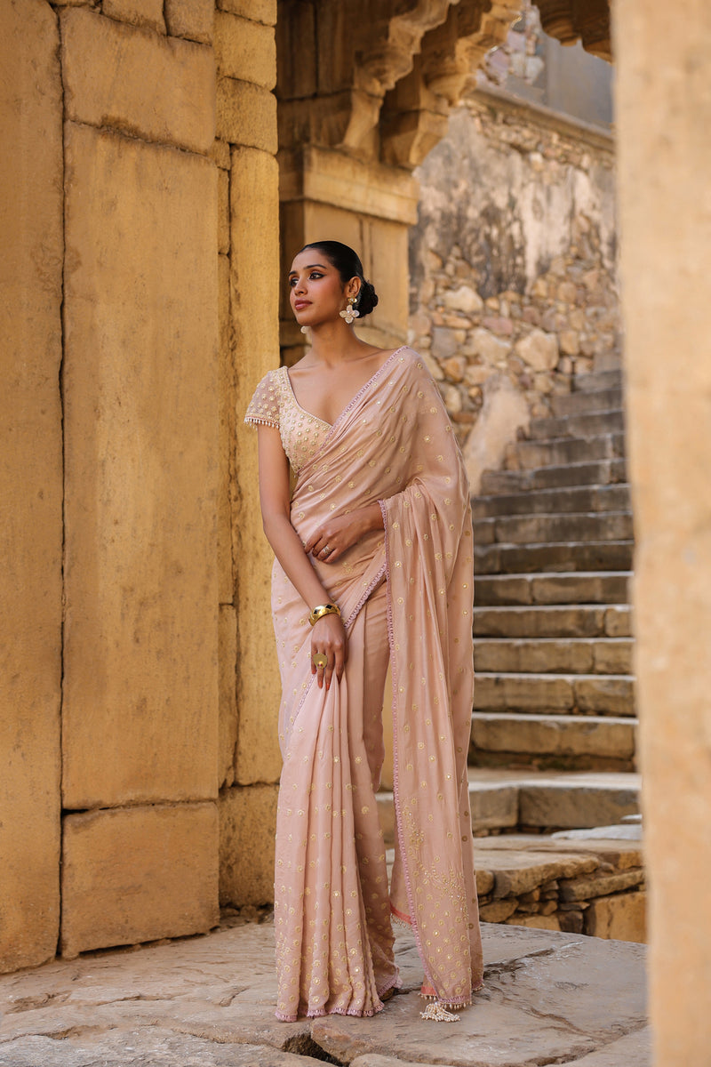Vaayu Light Pink Heavy Buti Saree Set silk modal saree by Niti Bothra in light pink for women Worldwide