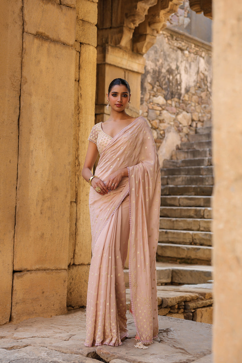 Vaayu Light Pink Heavy Buti Saree Set silk modal saree by Niti Bothra in light pink for women Worldwide