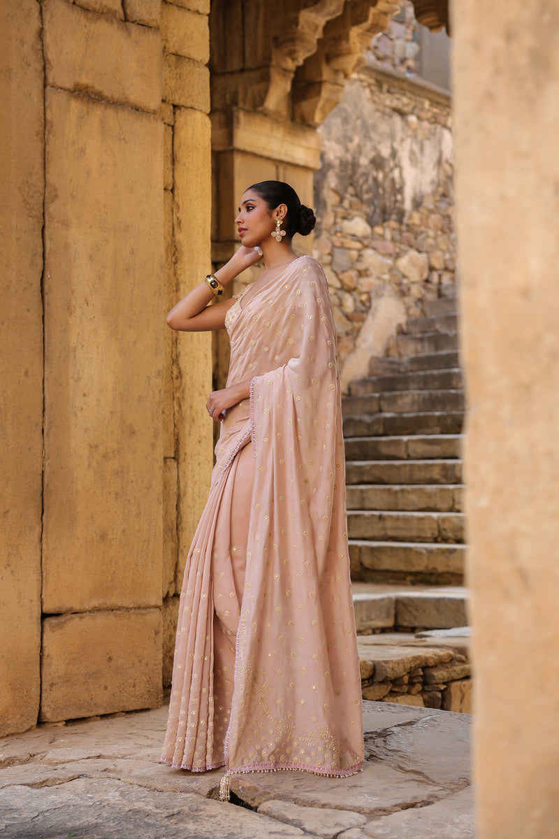 Vaayu Light Pink Heavy Buti Saree Set silk modal saree by Niti Bothra in light pink for women Worldwide