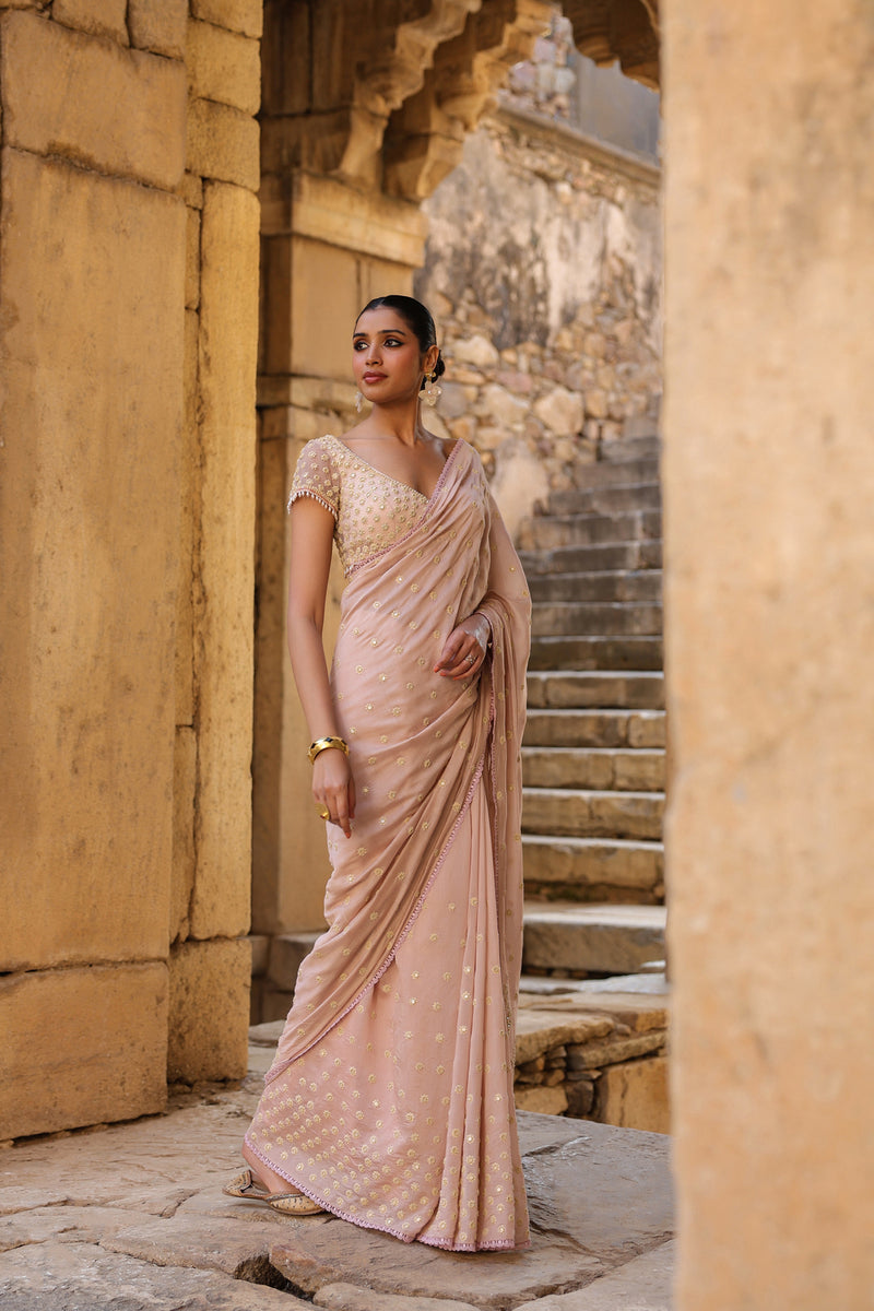 Vaayu Light Pink Heavy Buti Saree Set silk modal saree by Niti Bothra in light pink for women Worldwide