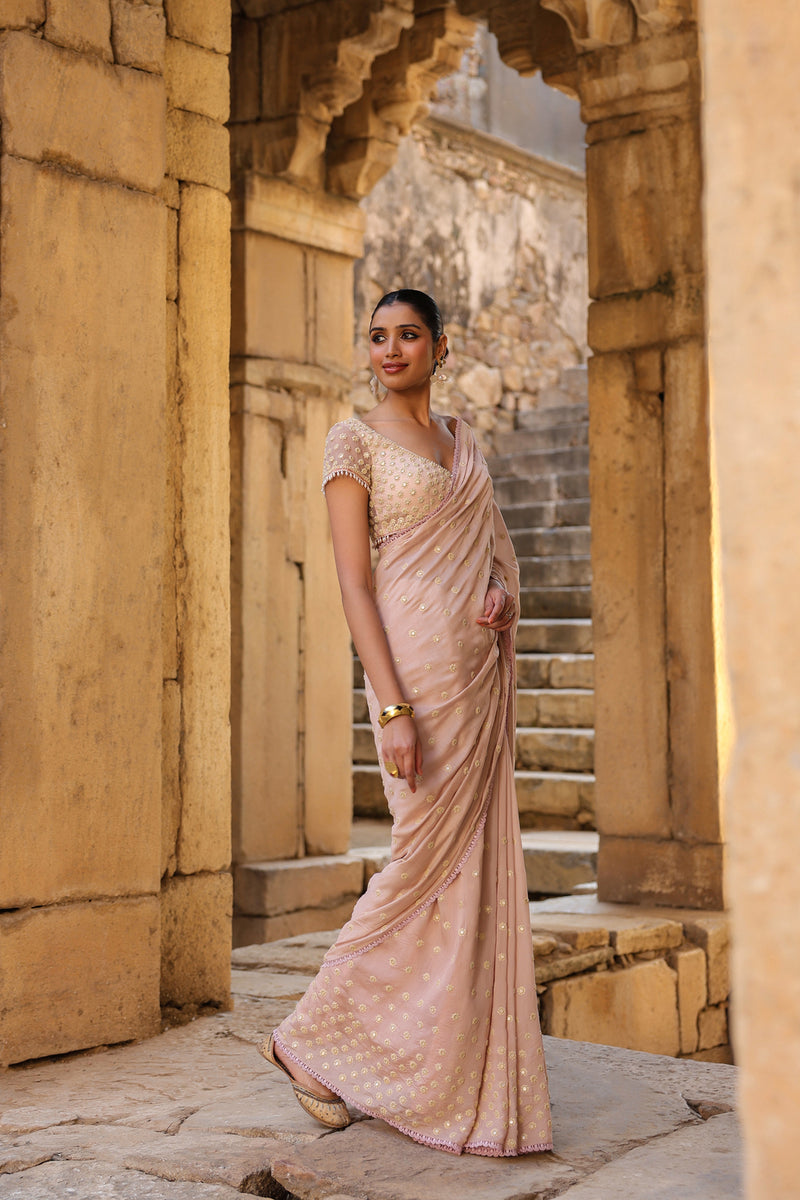 Vaayu Light Pink Heavy Buti Saree Set silk modal saree by Niti Bothra in light pink for women Worldwide