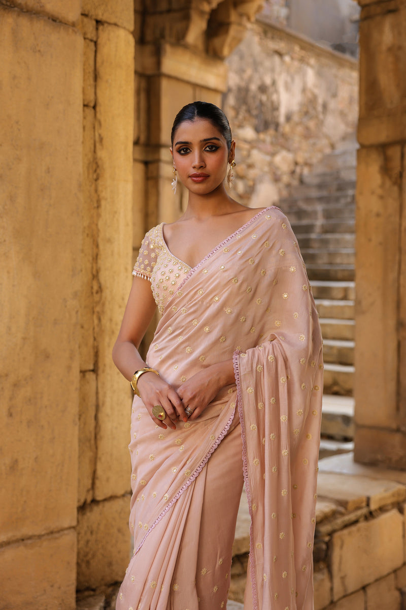 Vaayu Light Pink Heavy Buti Saree Set silk modal saree by Niti Bothra in light pink for women Worldwide