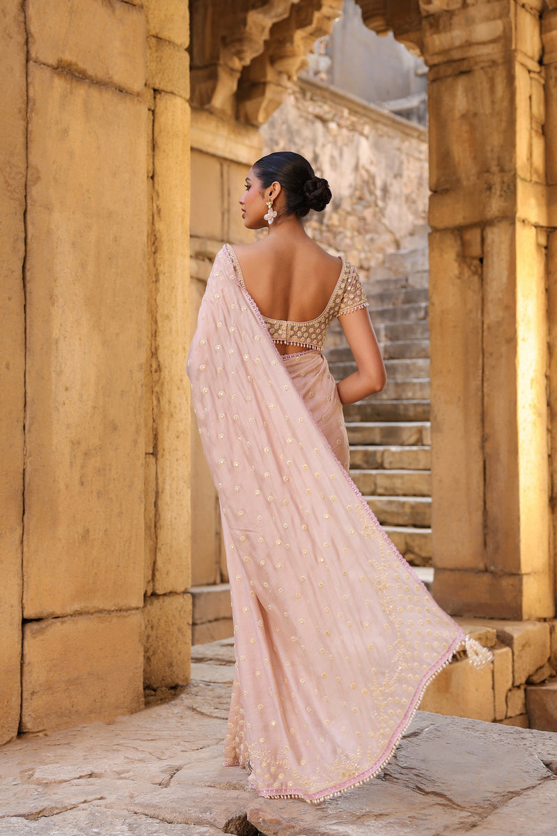Vaayu Light Pink Heavy Buti Saree Set silk modal saree by Niti Bothra in light pink for women Worldwide