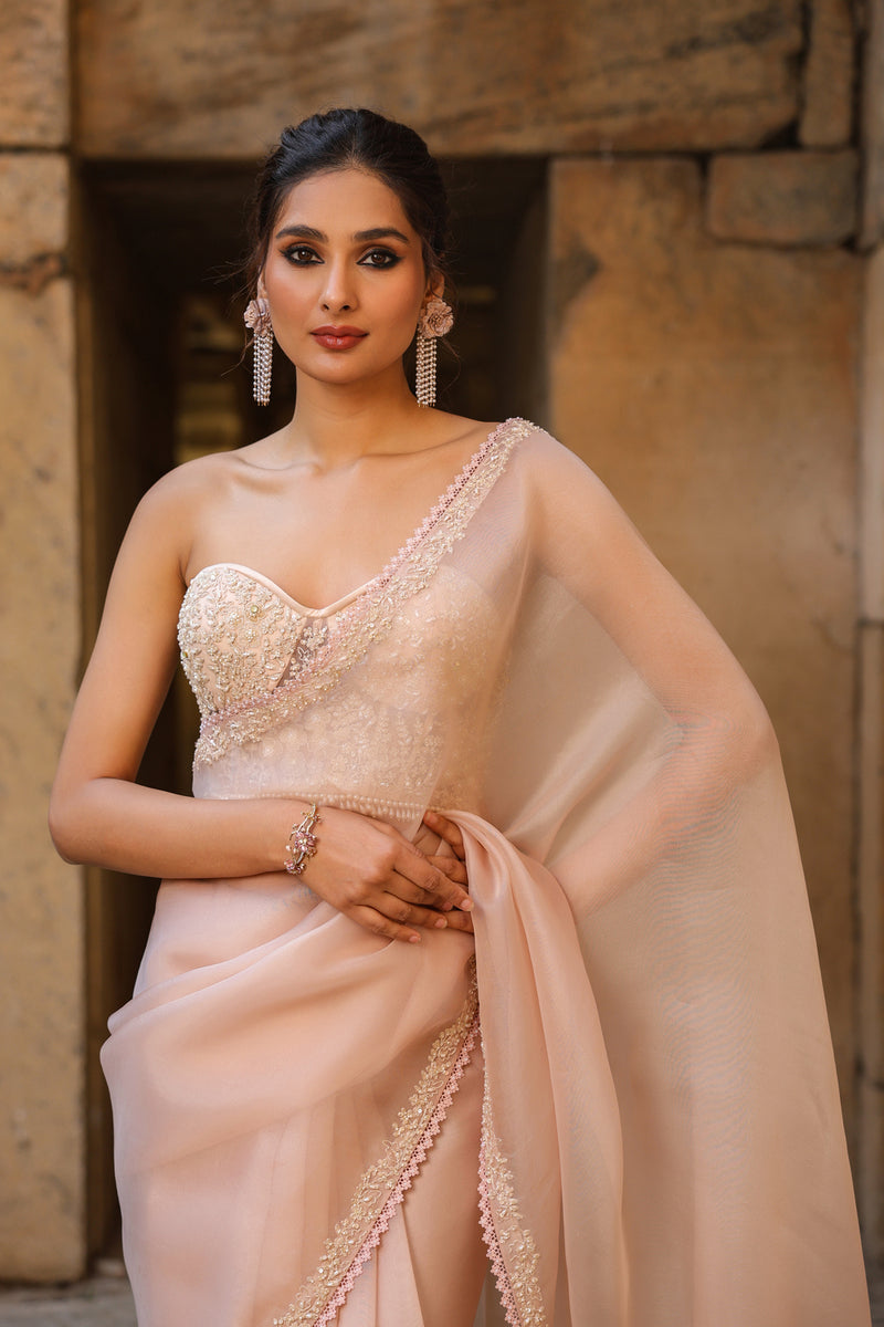 Vaayu Light Pink Corset Saree Set organza saree by Niti Bothra in light pink for women Worldwide