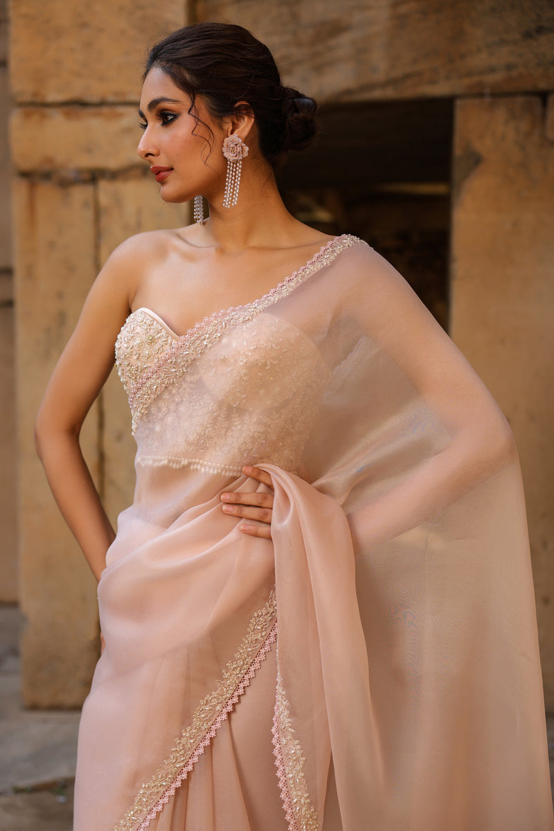 Vaayu Light Pink Corset Saree Set organza saree by Niti Bothra in light pink for women Worldwide