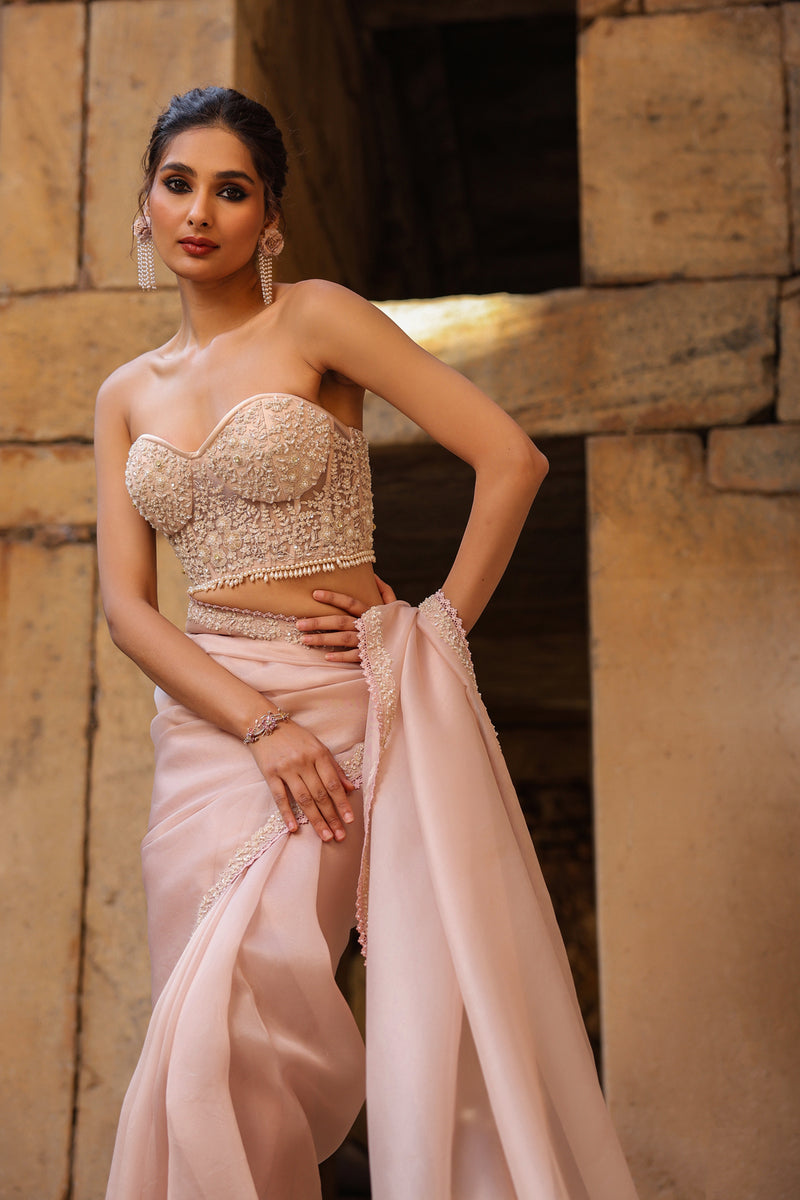 Vaayu Light Pink Corset Saree Set organza saree by Niti Bothra in light pink for women Worldwide
