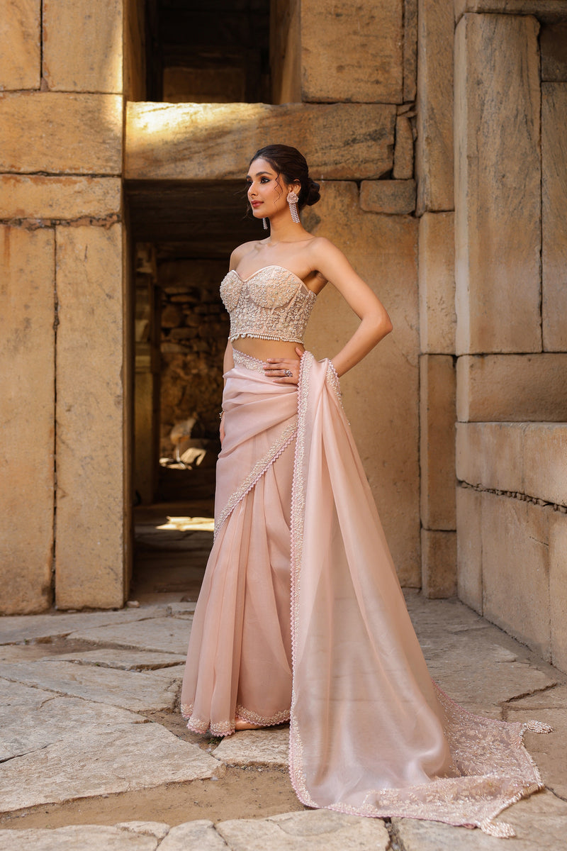 Vaayu Light Pink Corset Saree Set organza saree by Niti Bothra in light pink for women Worldwide