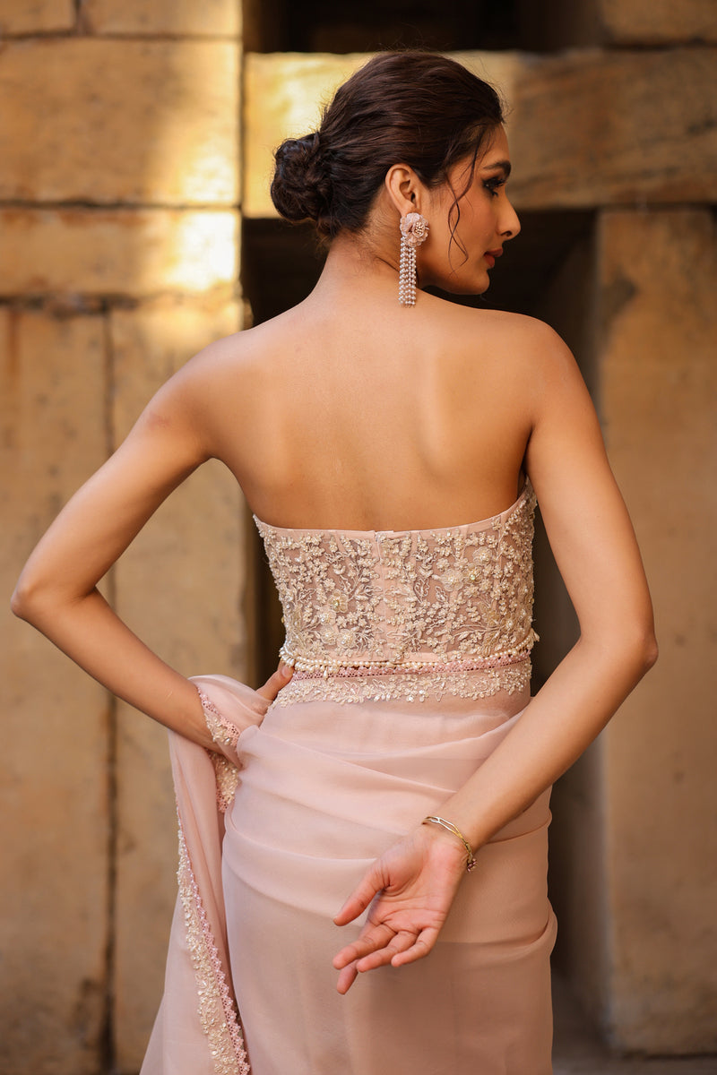 Vaayu Light Pink Corset Saree Set organza saree by Niti Bothra in light pink for women Worldwide
