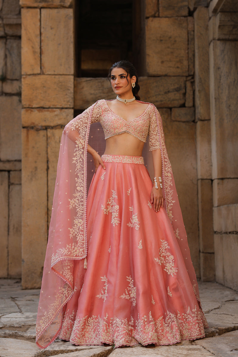 Vaayu Pink Guldasta Lehenga Set organza lehenga sets by Niti Bothra in pink for women Worldwide