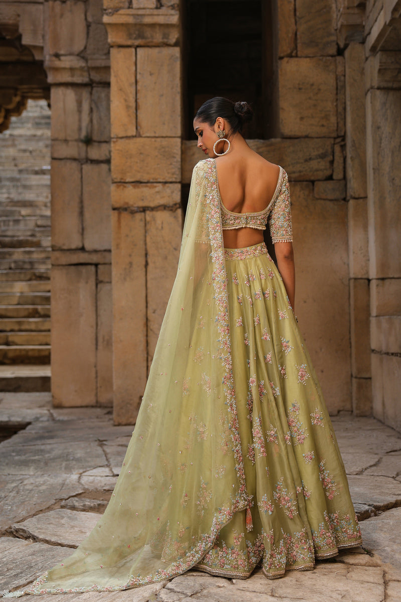 Vaayu Green Multicolor Phool Lehenga Set organza lehenga sets by Niti Bothra in green for women Worldwide