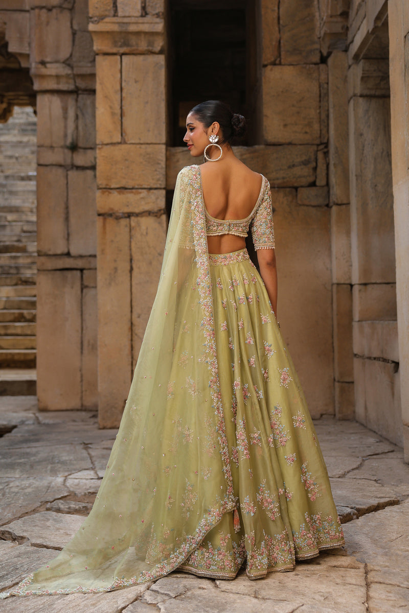 Vaayu Green Multicolor Phool Lehenga Set organza lehenga sets by Niti Bothra in green for women Worldwide