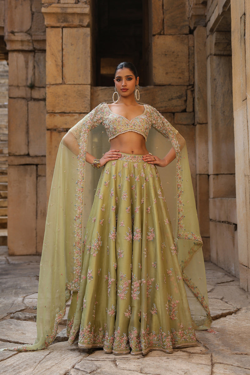 Vaayu Green Multicolor Phool Lehenga Set organza lehenga sets by Niti Bothra in green for women Worldwide