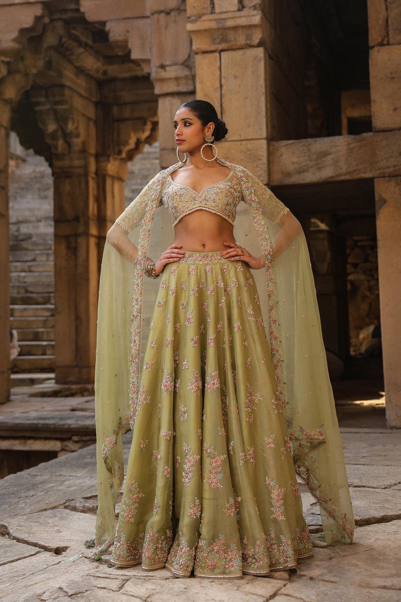 Vaayu Green Multicolor Phool Lehenga Set organza lehenga sets by Niti Bothra in green for women Worldwide