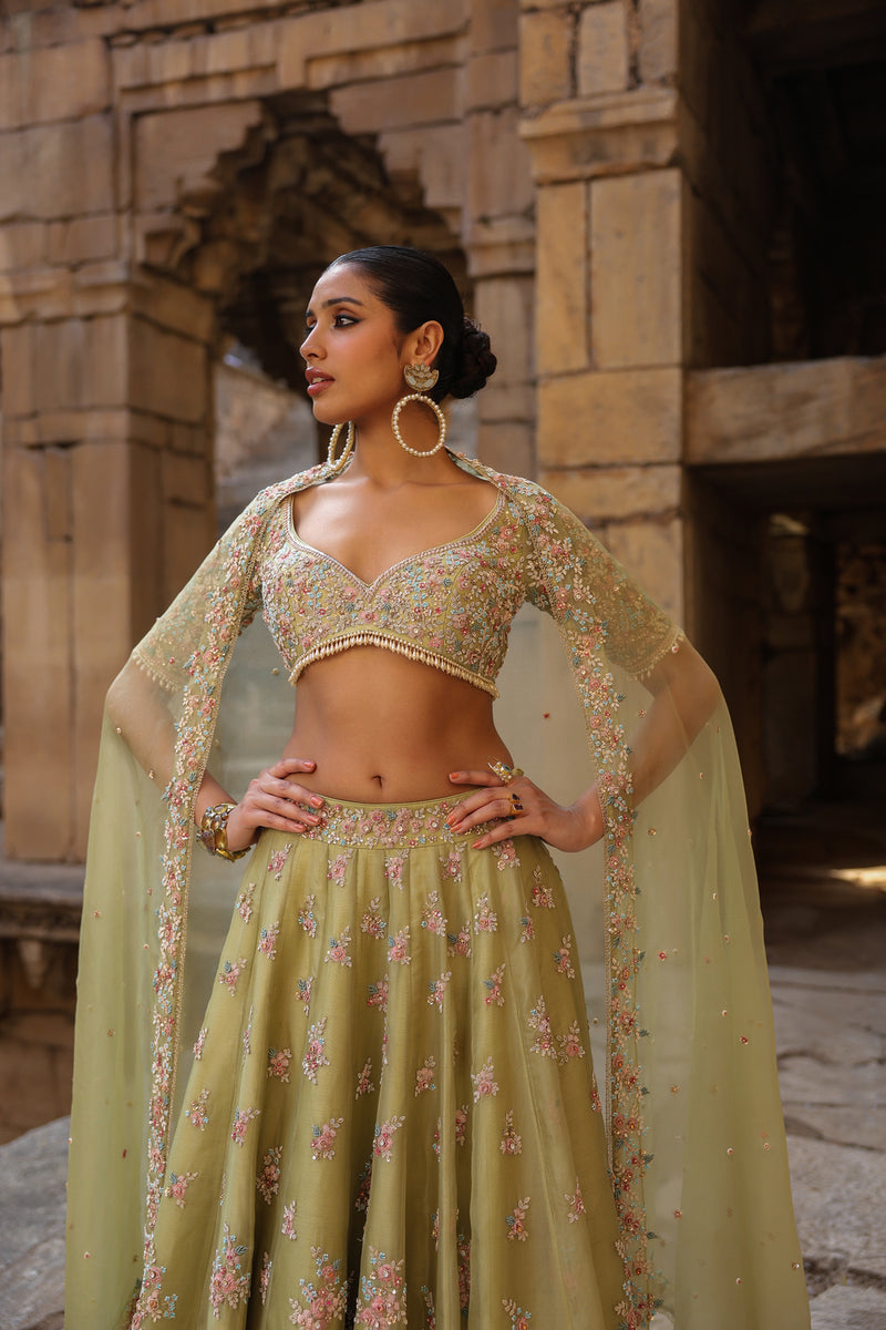 Vaayu Green Multicolor Phool Lehenga Set organza lehenga sets by Niti Bothra in green for women Worldwide