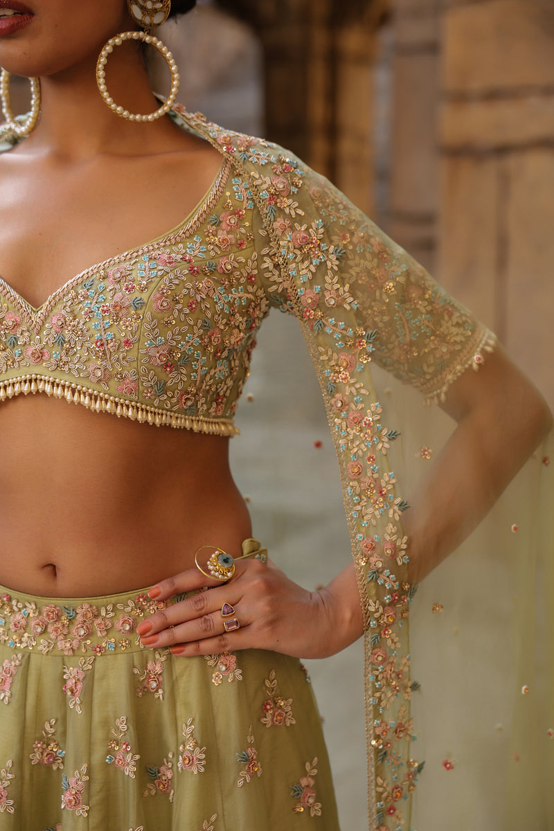 Vaayu Green Multicolor Phool Lehenga Set organza lehenga sets by Niti Bothra in green for women Worldwide