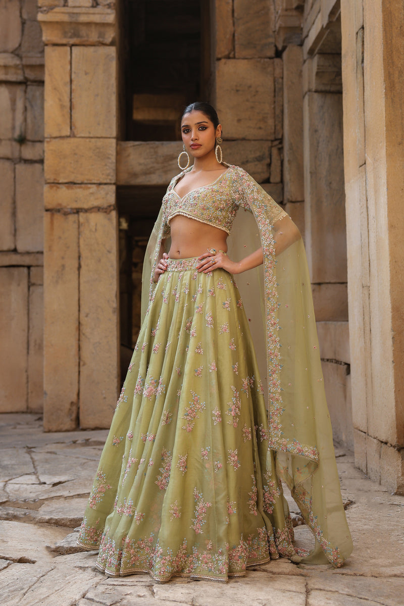 Vaayu Green Multicolor Phool Lehenga Set organza lehenga sets by Niti Bothra in green for women Worldwide