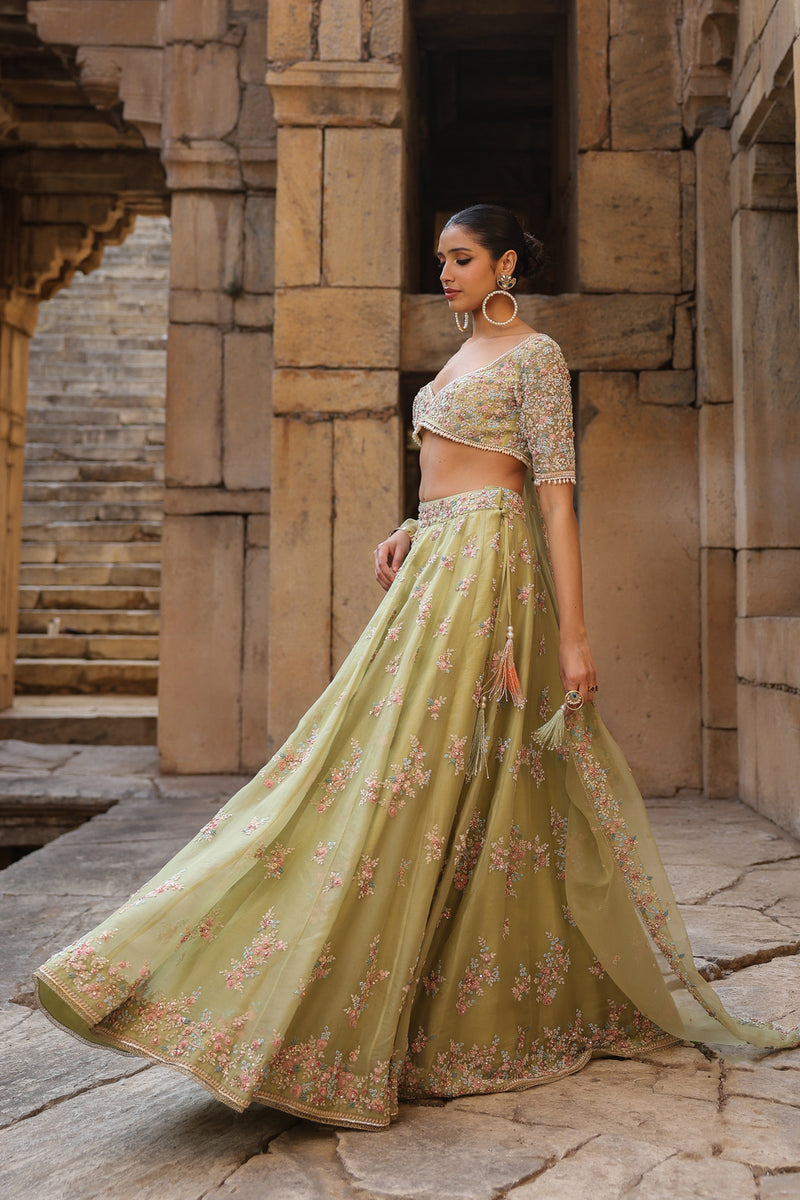 Vaayu Green Multicolor Phool Lehenga Set organza lehenga sets by Niti Bothra in green for women Worldwide