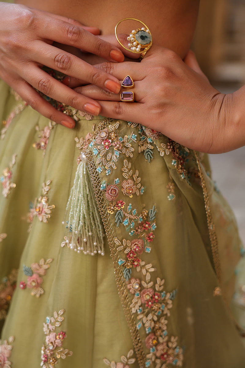 Vaayu Green Multicolor Phool Lehenga Set organza lehenga sets by Niti Bothra in green for women Worldwide