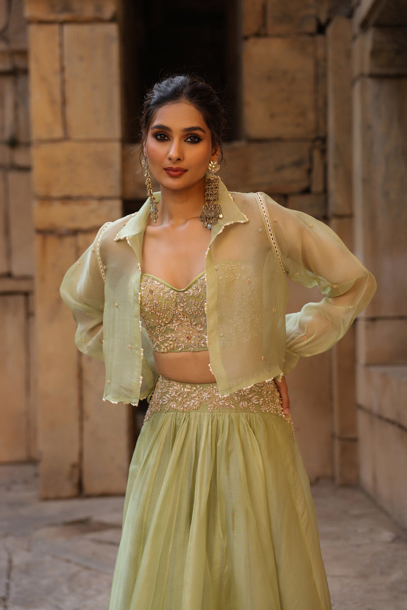 Vaayu Green Jacket Lehenga Set organza lehenga sets by Niti Bothra in green for women Worldwide