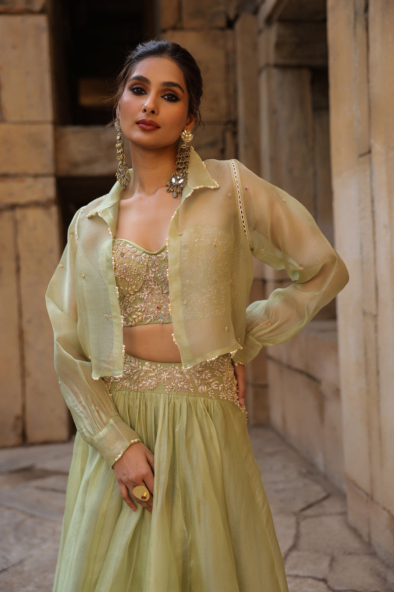 Vaayu Green Jacket Lehenga Set organza lehenga sets by Niti Bothra in green for women Worldwide
