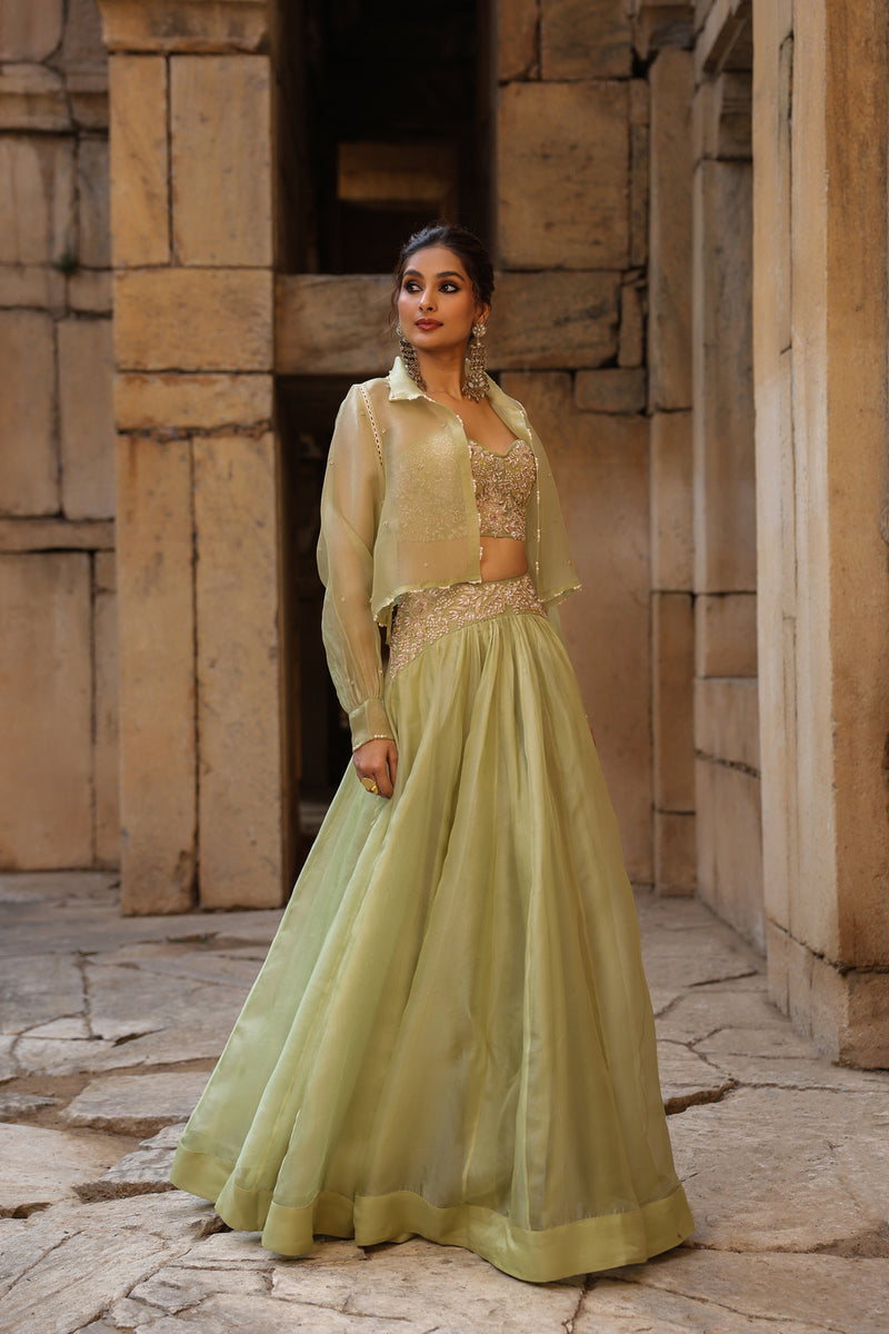 Vaayu Green Jacket Lehenga Set organza lehenga sets by Niti Bothra in green for women Worldwide