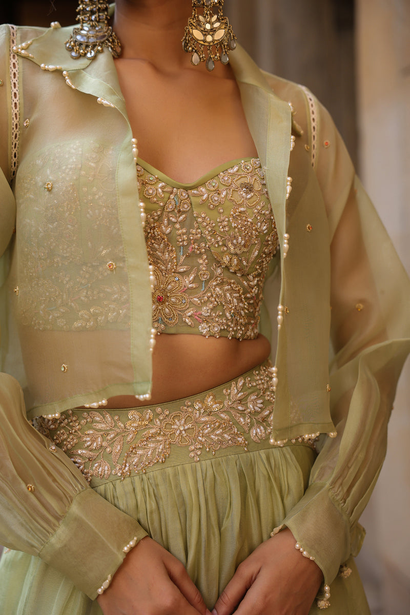 Vaayu Green Jacket Lehenga Set organza lehenga sets by Niti Bothra in green for women Worldwide