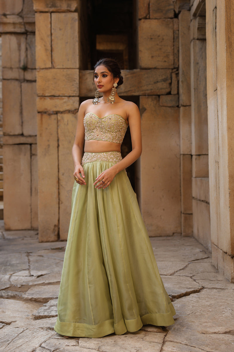 Vaayu Green Jacket Lehenga Set organza lehenga sets by Niti Bothra in green for women Worldwide