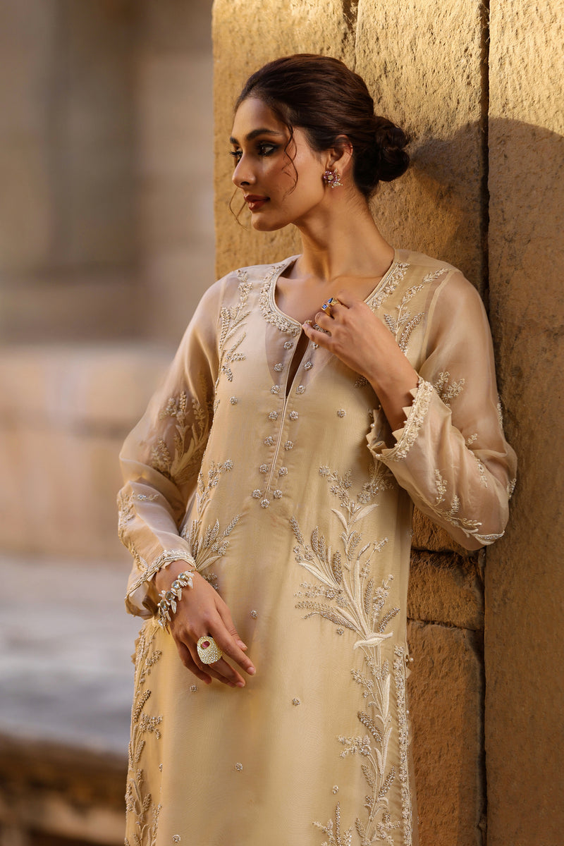 Vaayu Beige Phool Patti Kurta Set organza , silk tencel kurta/kurta set by Niti Bothra in beige for women Worldwide