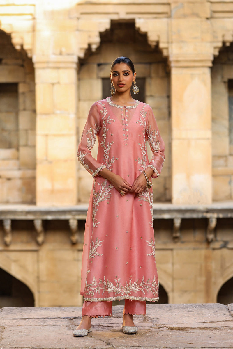Vaayu Pink Phool Patti Kurta Set organza , silk tencel kurta/kurta set by Niti Bothra in pink for women Worldwide