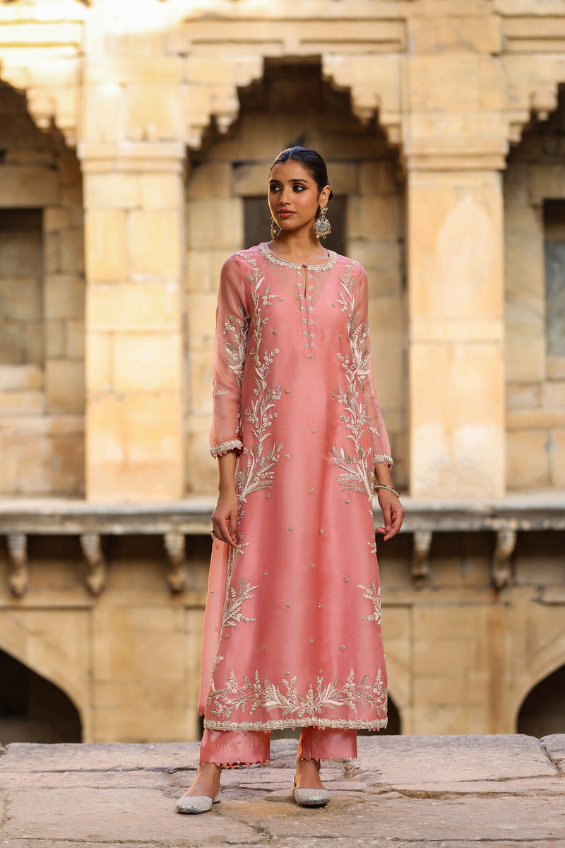 Vaayu Pink Phool Patti Kurta Set organza , silk tencel kurta/kurta set by Niti Bothra in pink for women Worldwide