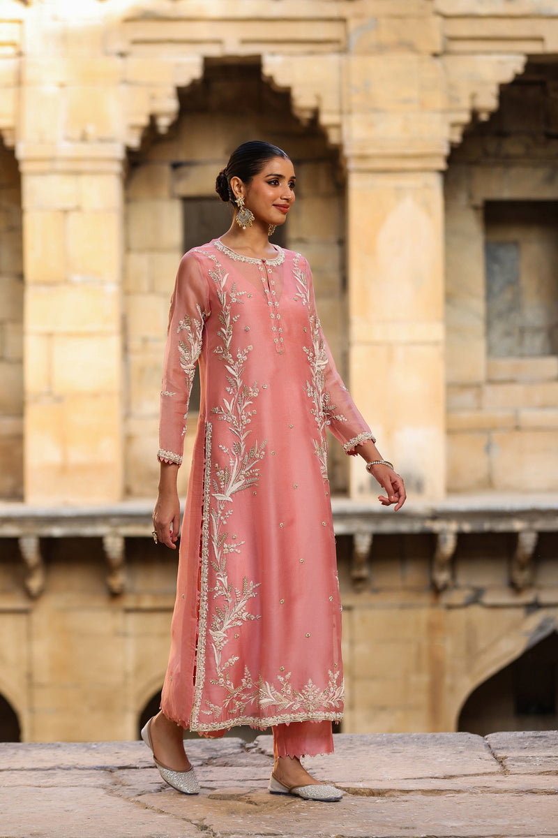 Vaayu Pink Phool Patti Kurta Set organza , silk tencel kurta/kurta set by Niti Bothra in pink for women Worldwide