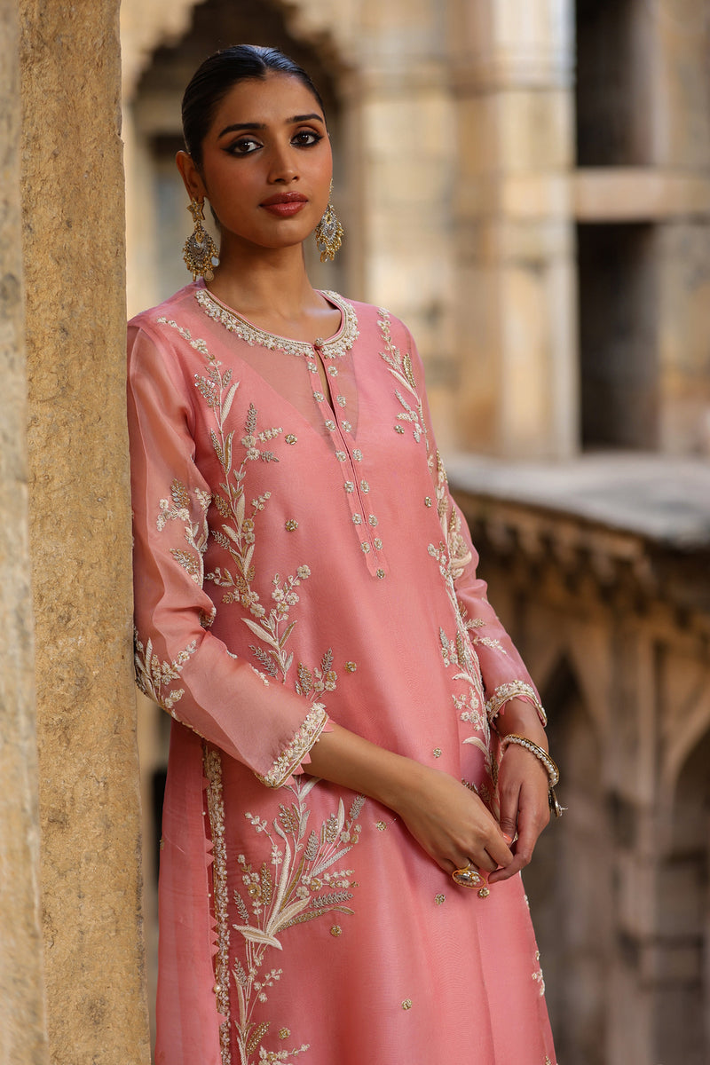 Vaayu Pink Phool Patti Kurta Set organza , silk tencel kurta/kurta set by Niti Bothra in pink for women Worldwide